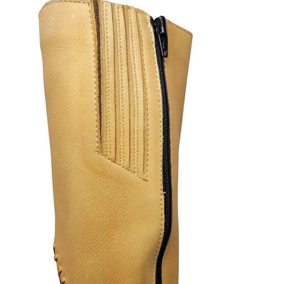 Vintage 70s Western Tan Knee-High Leather Boots Sz 3 Patchwork Stitching Heeled - Picture 9 of 16